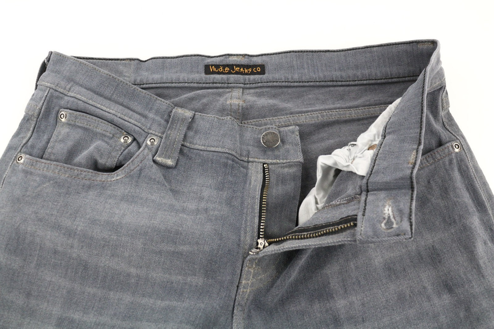 NUDIE JEANS vyriški aptempti ilgi džinsai W31/L34 tamsiai pilki, ploni, ekologiški 