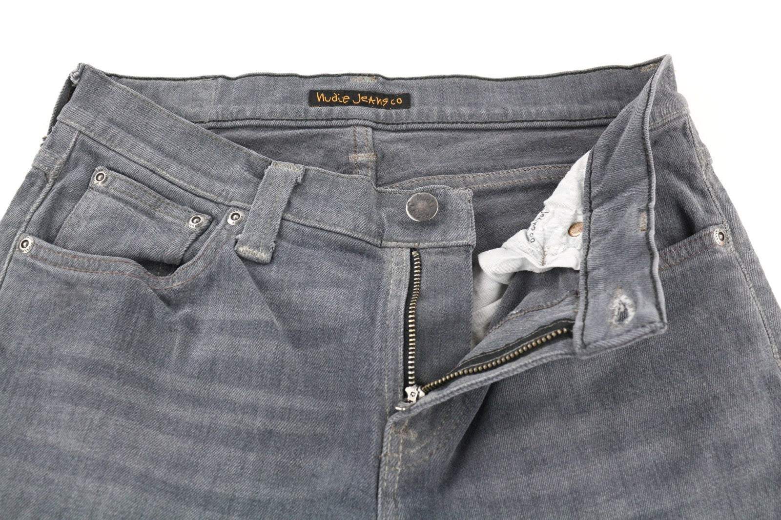 NUDIE JEANS vyriški aptempti ilgi džinsai W29/L32 tamsiai pilki, ploni, skalbinių spalvos 