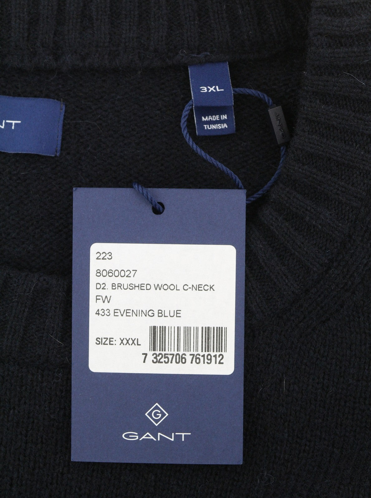 GANT Brushed Wool C-Neck Men Jumper 3XL Evening Blue Wool Blend Knit Pullover