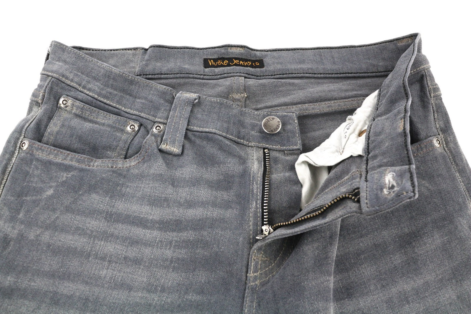 NUDIE JEANS vyriški aptempti ilgi džinsai W29/L32 tamsiai pilki, ploni, ekologiški 