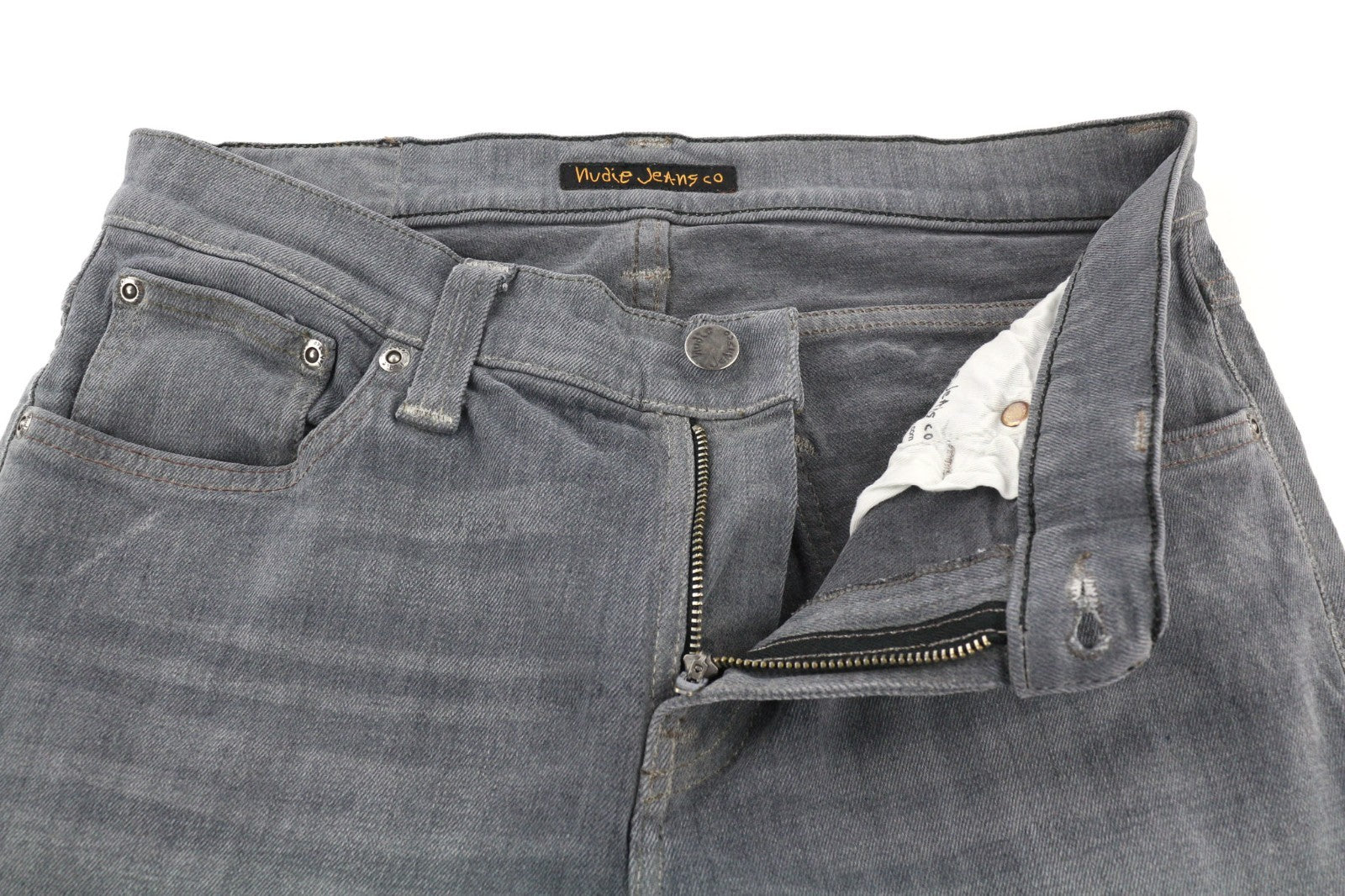 NUDIE JEANS vyriški aptempti ilgi džinsai W29/L32 tamsiai pilki, ploni su logotipu, ekologiški 