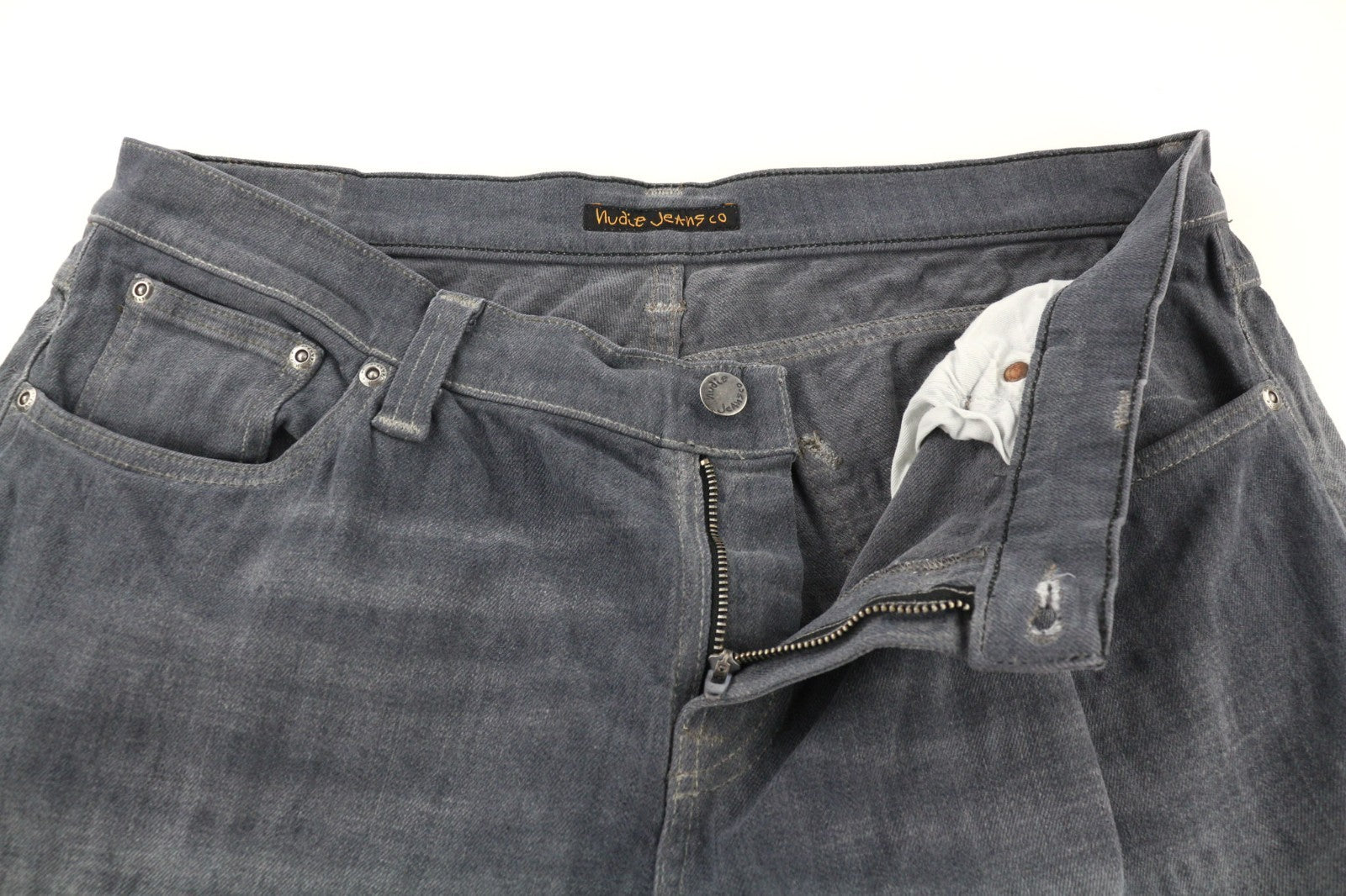 NUDIE JEANS vyriški aptempti ilgi džinsai W34/L34 tamsiai pilki, ploni, skalbto kirpimo 