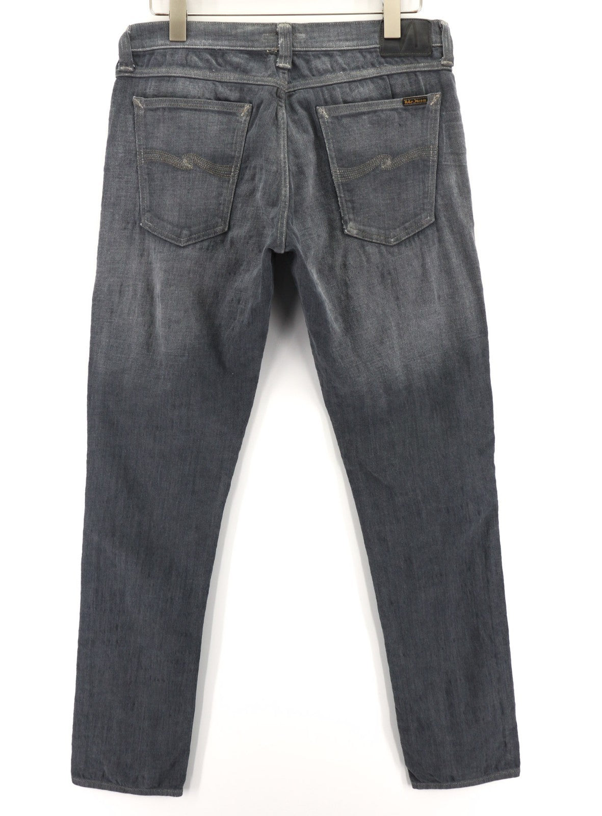 NUDIE JEANS vyriški aptempti ilgi džinsai W34/L34 tamsiai pilki, ploni su logotipu ir skalbinių spalva 