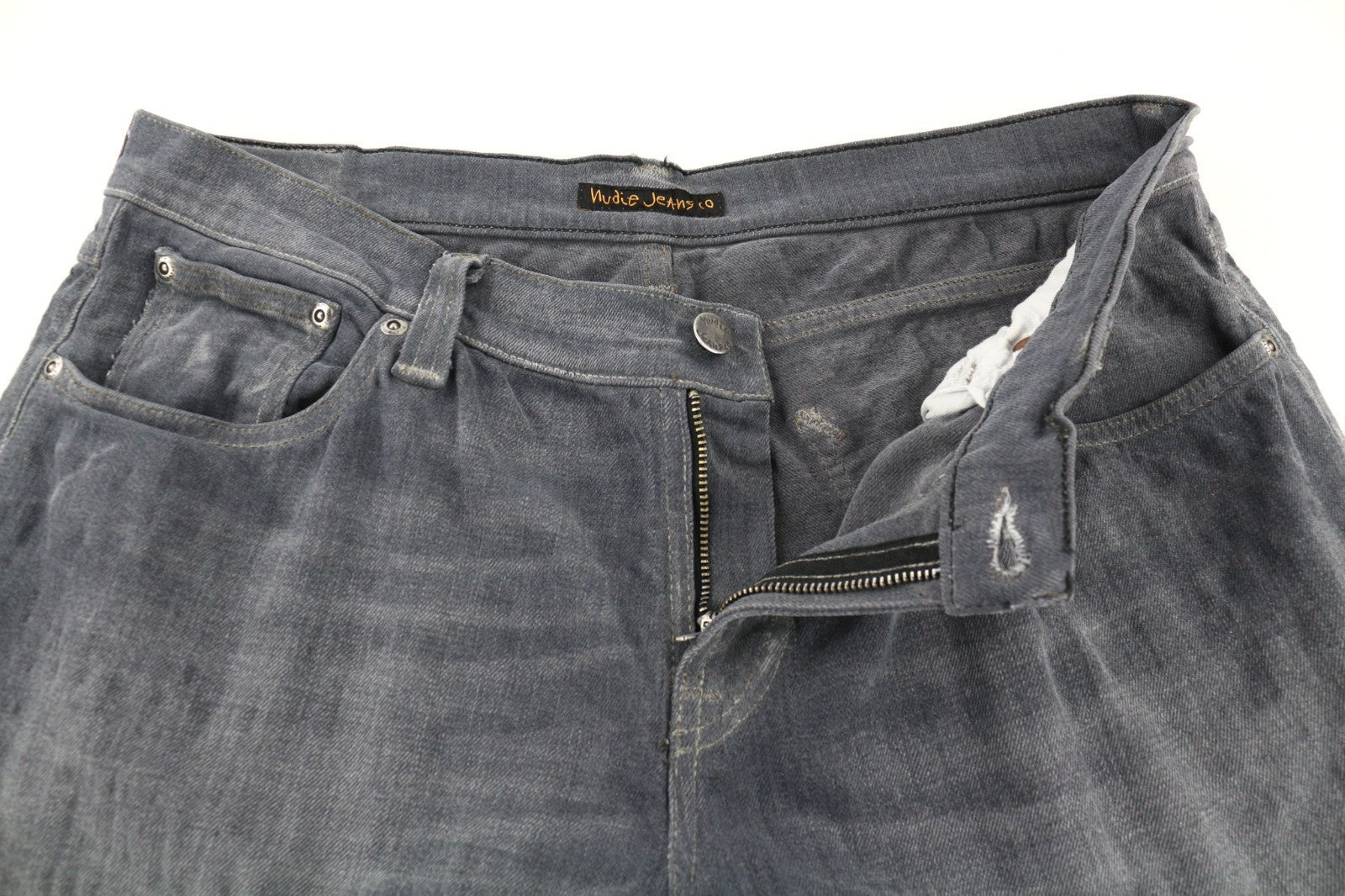 NUDIE JEANS vyriški aptempti ilgi džinsai W34/L34 tamsiai pilki, ploni su logotipu ir skalbinių spalva 