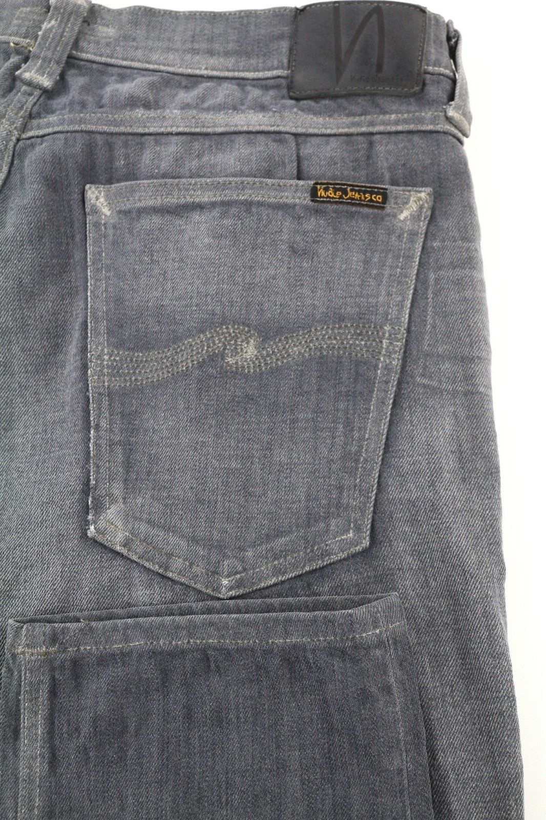 NUDIE JEANS vyriški aptempti ilgi džinsai W34/L34 tamsiai pilki, ploni su logotipu ir skalbinių spalva 