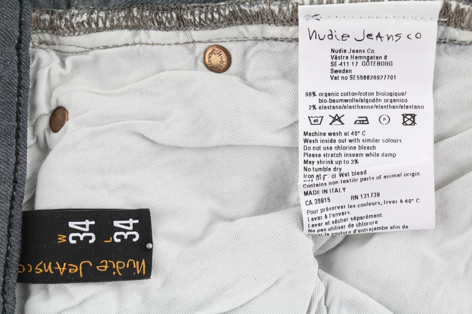 NUDIE JEANS vyriški aptempti ilgi džinsai W34/L34 tamsiai pilki, ploni su logotipu ir skalbinių spalva 