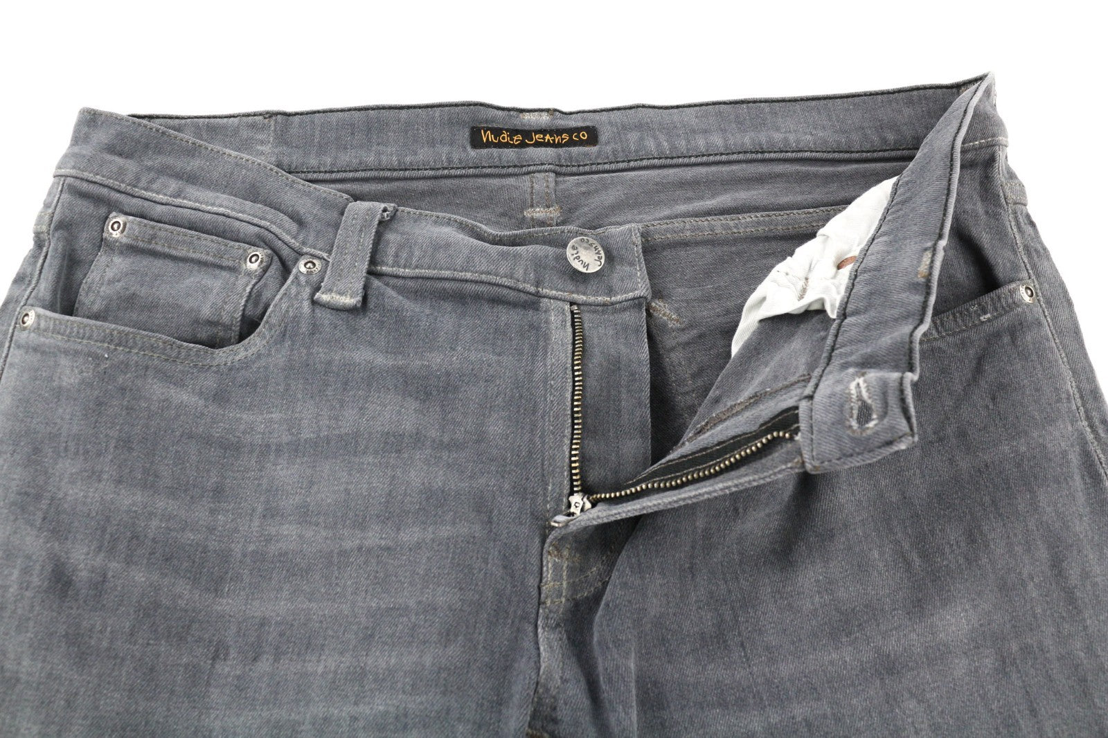 NUDIE JEANS Vyriški aptempti ilgi džinsai W34/L34 tamsiai pilki, ploni su logotipu 