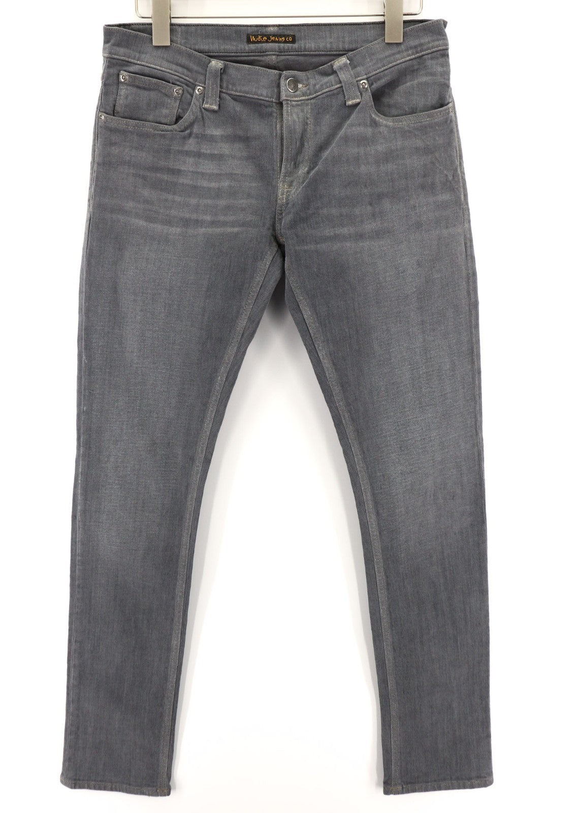 NUDIE JEANS vyriški aptempti ilgi džinsai W32/L34 tamsiai pilki, ploni su logotipu 