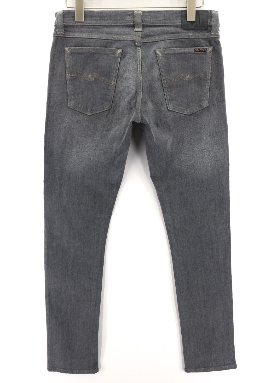 NUDIE JEANS vyriški aptempti ilgi džinsai W32/L34 tamsiai pilki, ploni su logotipu 