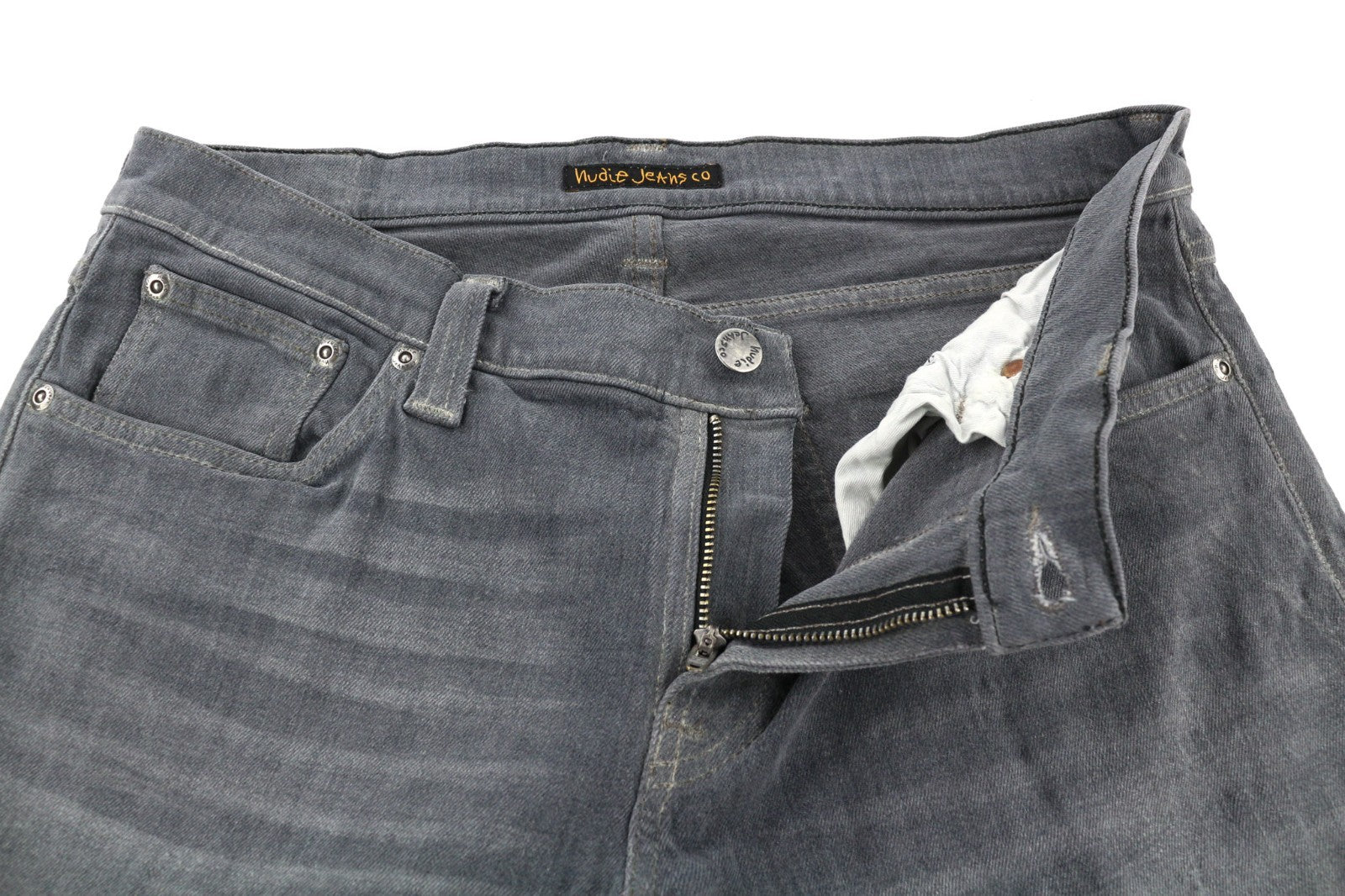 NUDIE JEANS vyriški aptempti ilgi džinsai W32/L34 tamsiai pilki, ploni su logotipu 