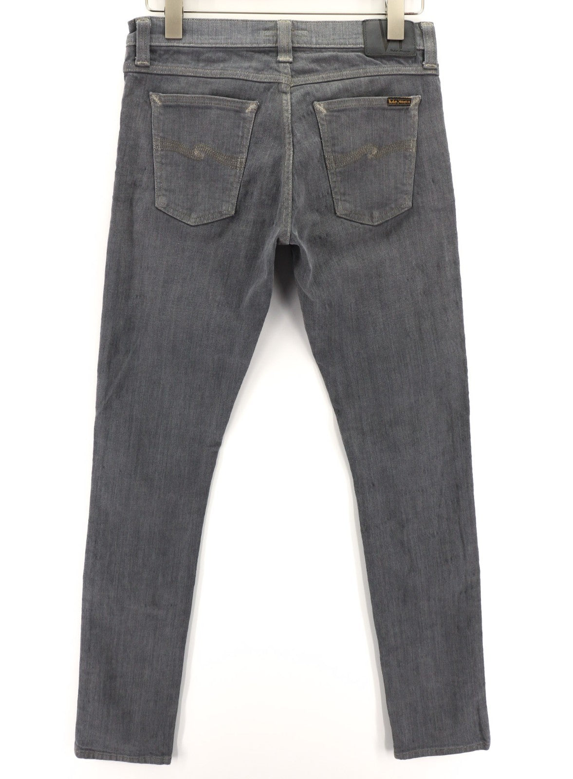 NUDIE JEANS vyriški aptempti ilgi džinsai W30/L34 tamsiai pilki, ploni su logotipu 