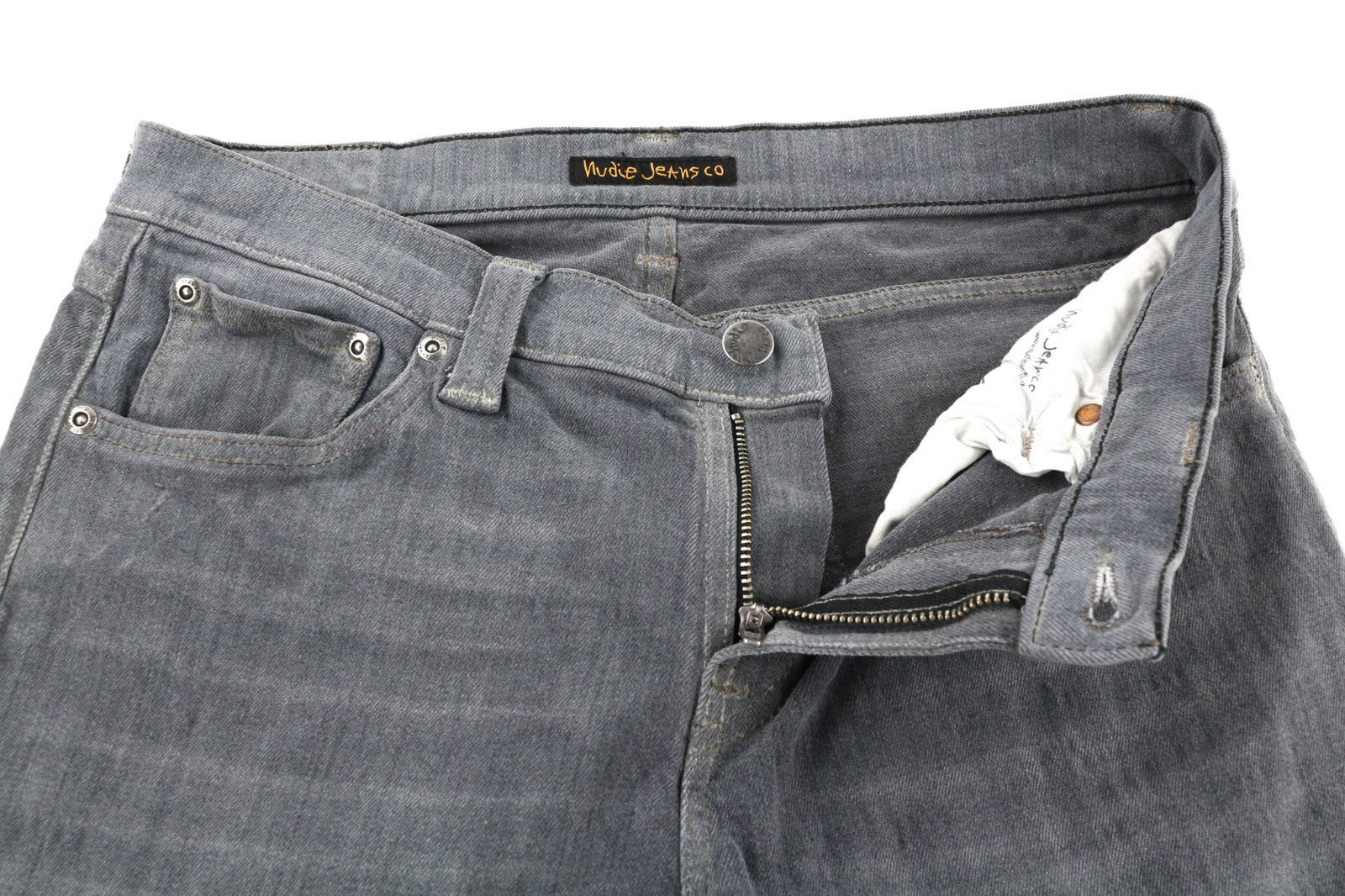 NUDIE JEANS vyriški aptempti ilgi džinsai W30/L34 tamsiai pilki, ploni su logotipu 