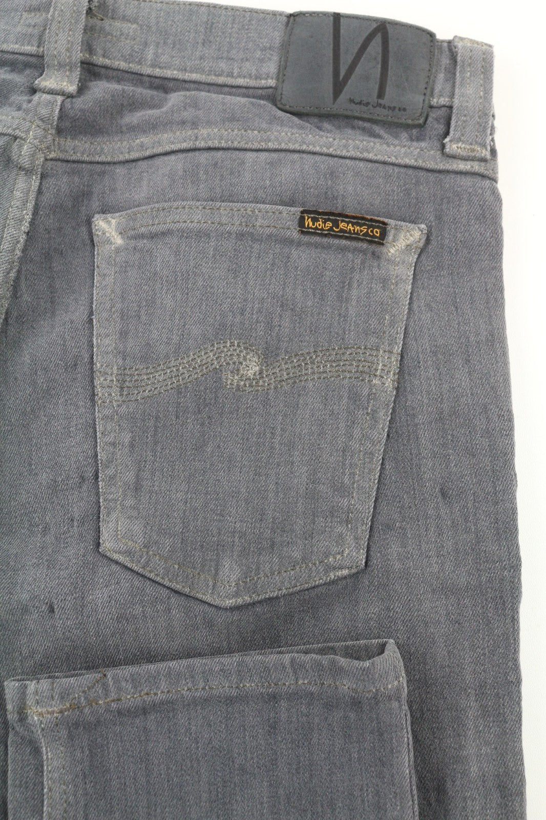 NUDIE JEANS vyriški aptempti ilgi džinsai W30/L34 tamsiai pilki, ploni su logotipu 