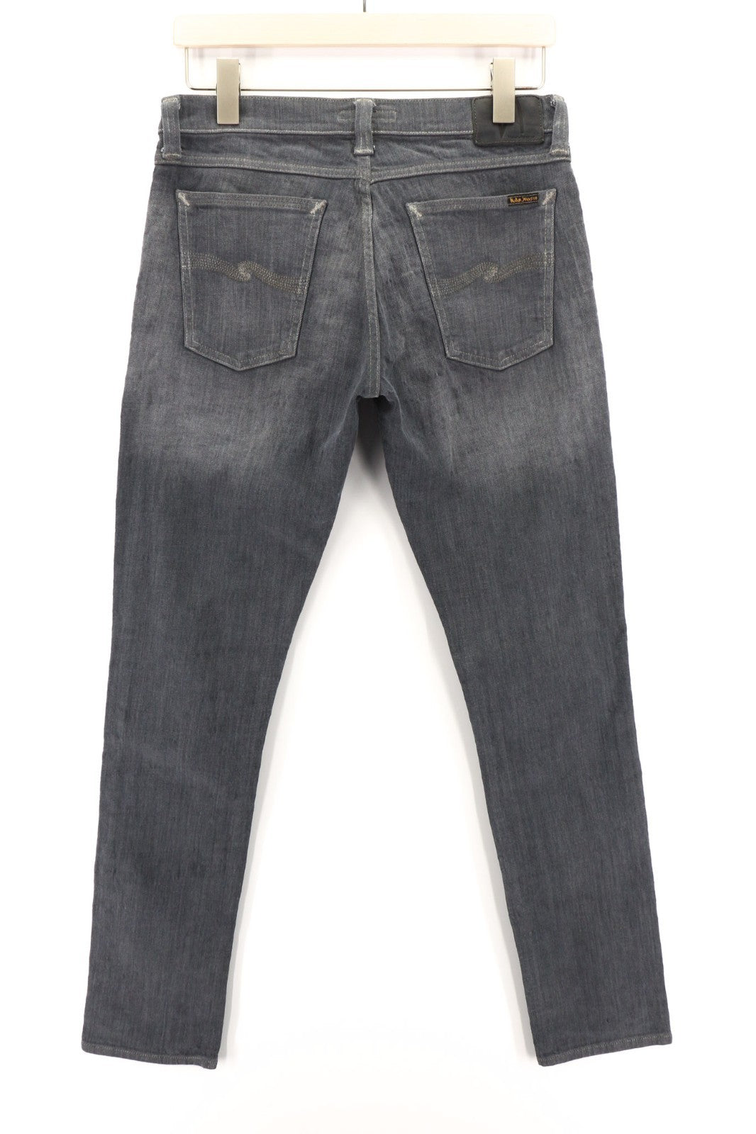 NUDIE JEANS vyriški aptempti ilgi džinsai W31/L34 tamsiai pilki ploni džinsiniai džinsai su logotipu 