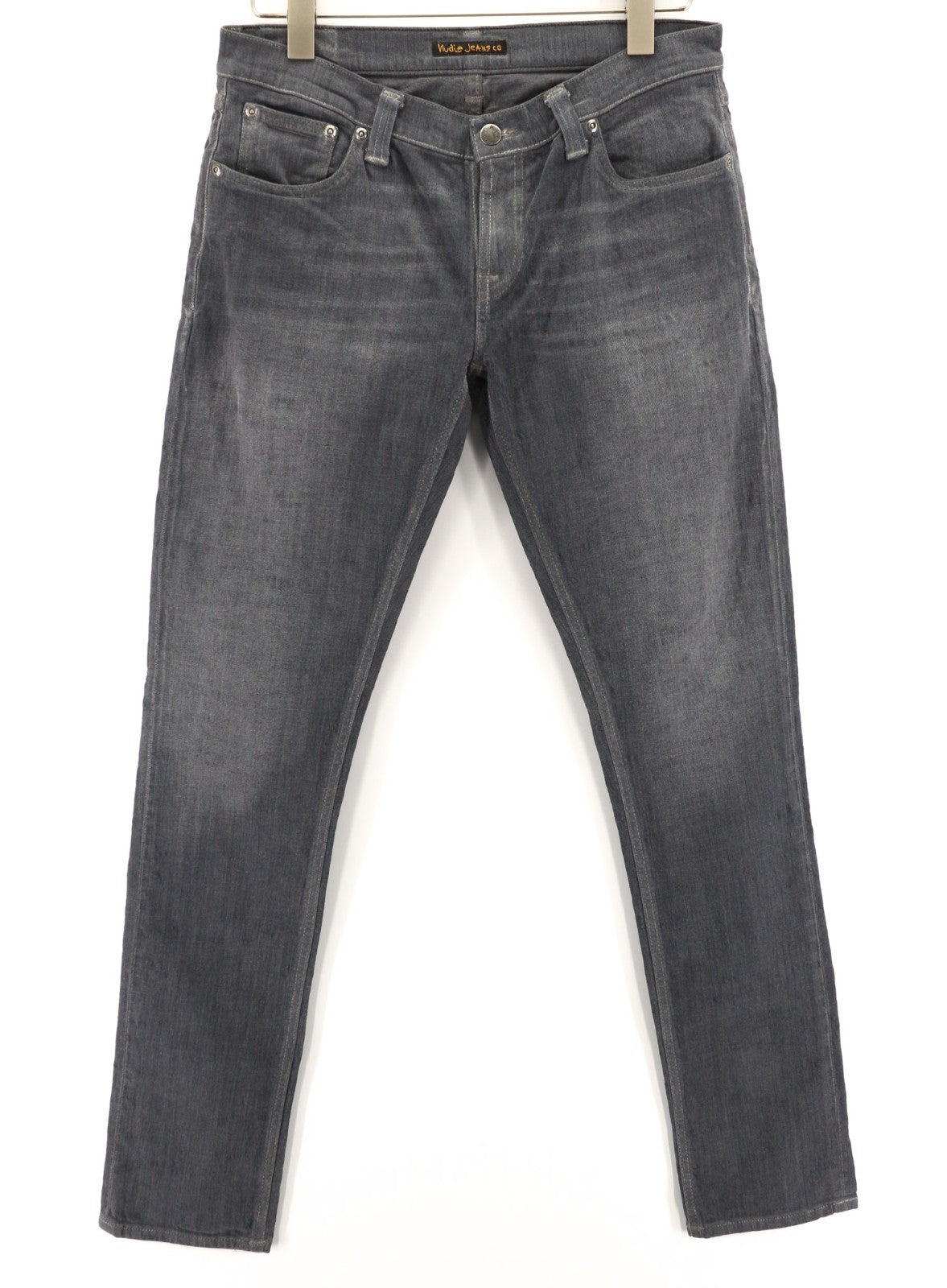 NUDIE JEANS vyriški aptempti ilgi džinsai W31/L34 tamsiai pilki ploni džinsiniai džinsai su logotipu 