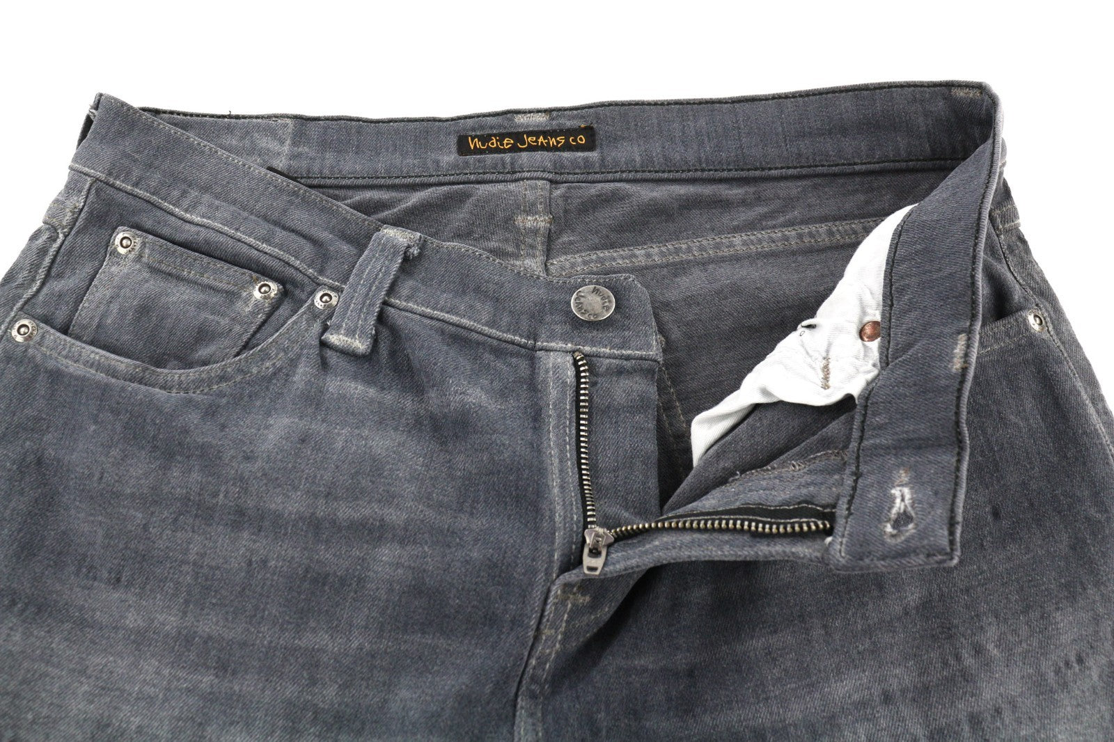 NUDIE JEANS vyriški aptempti ilgi džinsai W31/L34 tamsiai pilki ploni džinsiniai džinsai su logotipu 