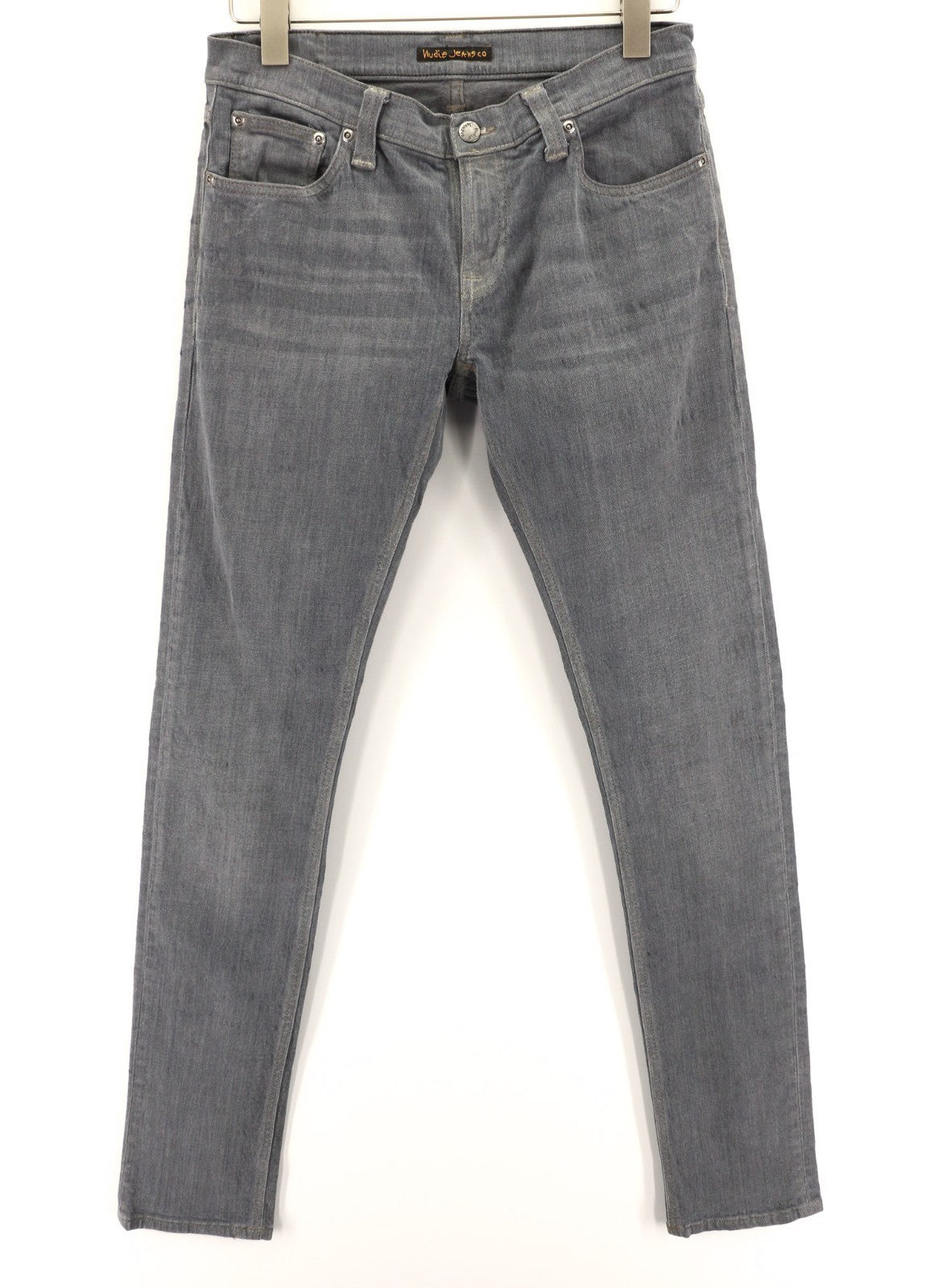 NUDIE JEANS vyriški aptempti ilgi John džinsai W30/L34 ploni tamsiai pilki organinio audinio užtrauktuku 