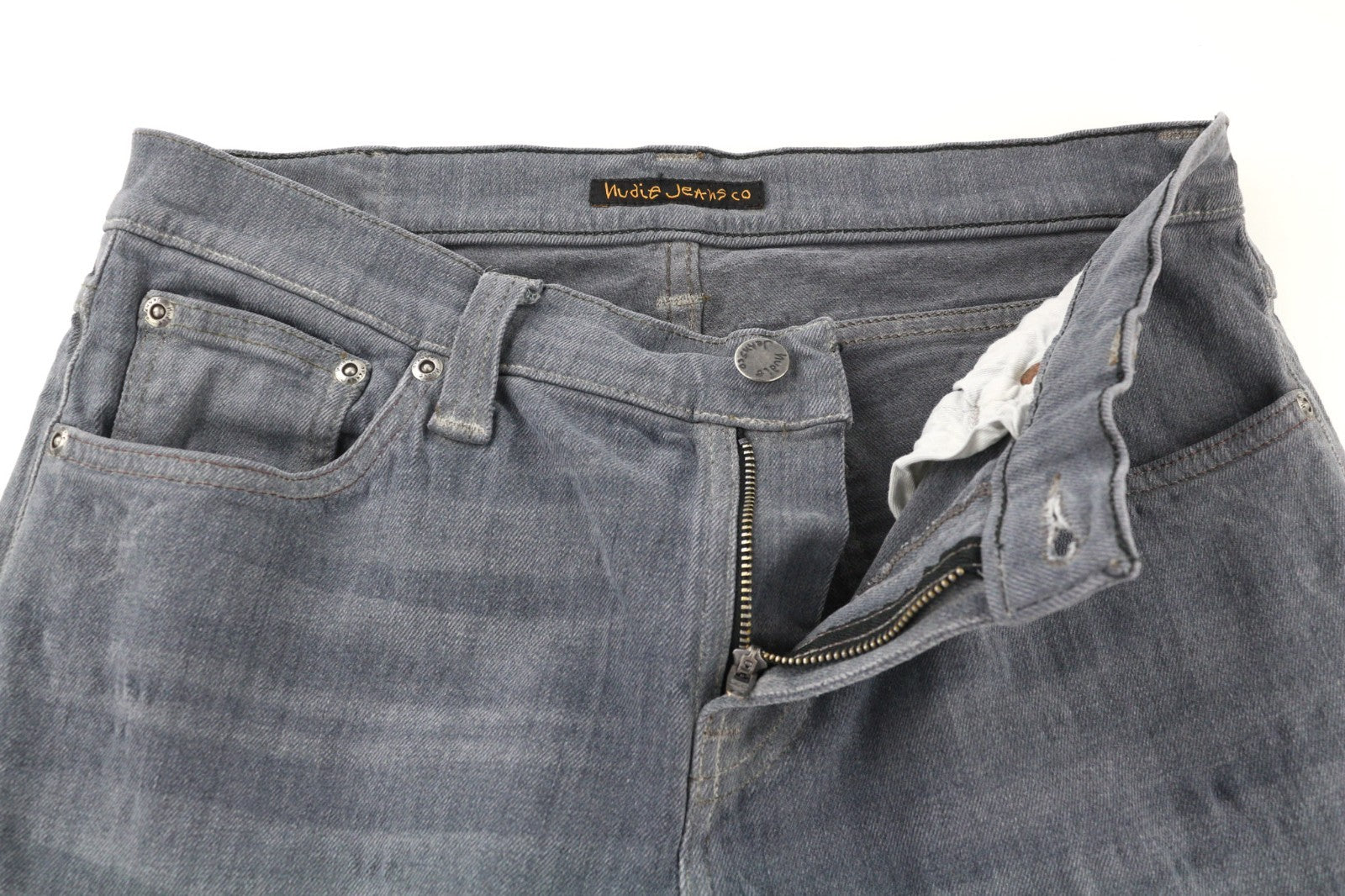 NUDIE JEANS vyriški aptempti ilgi John džinsai W30/L34 ploni tamsiai pilki organinio audinio užtrauktuku 