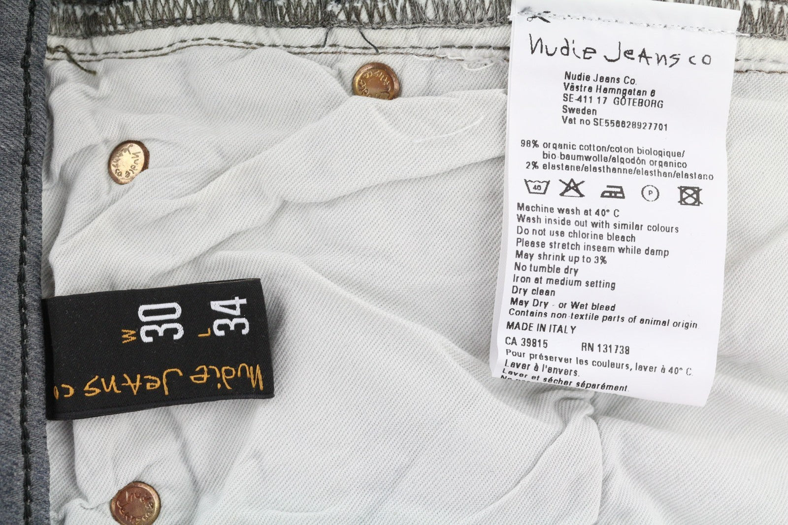 NUDIE JEANS vyriški aptempti ilgi John džinsai W30/L34 ploni tamsiai pilki organinio audinio užtrauktuku 