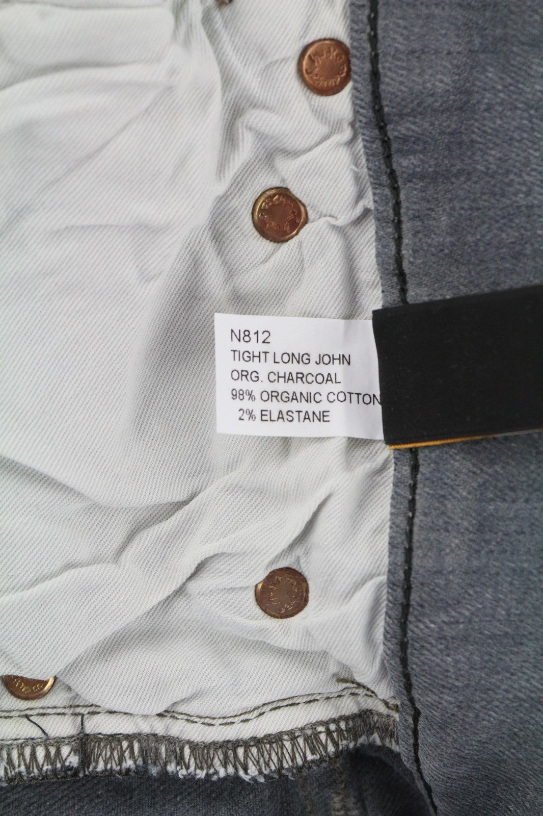 NUDIE JEANS vyriški aptempti ilgi John džinsai W30/L34 ploni tamsiai pilki organinio audinio užtrauktuku 