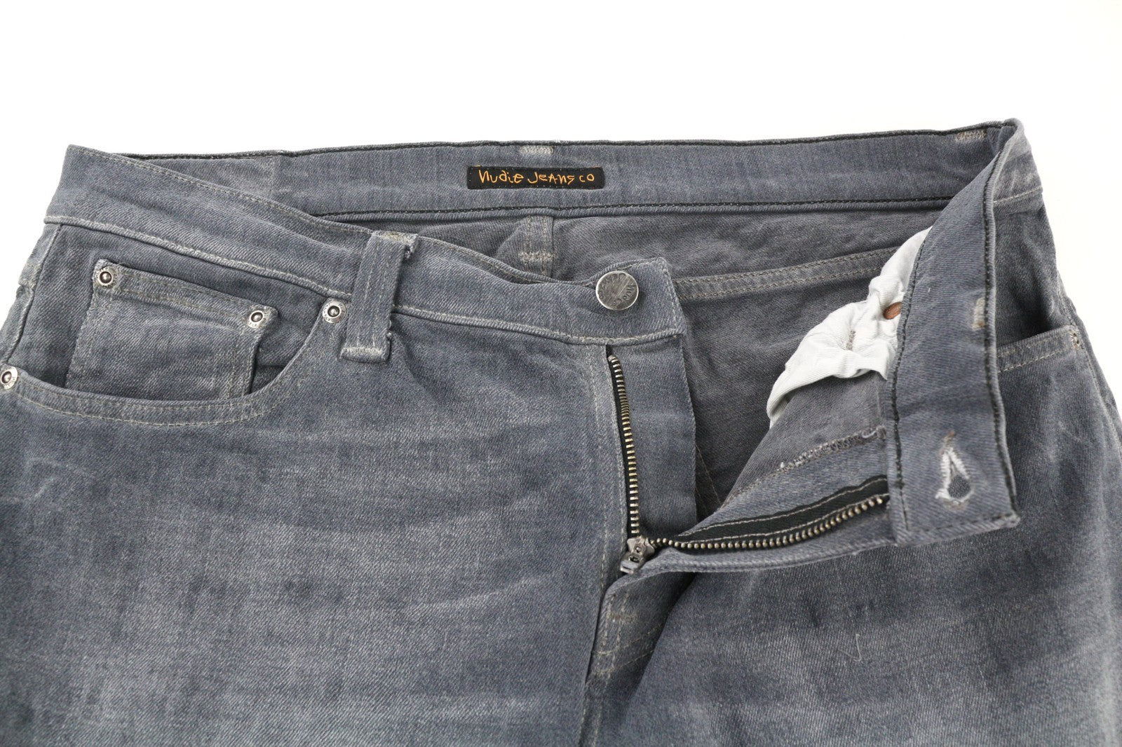 NUDIE JEANS vyriški aptempti ilgi John džinsai W33/L34 tamsiai pilki, ploni, ekologiški džinsai 