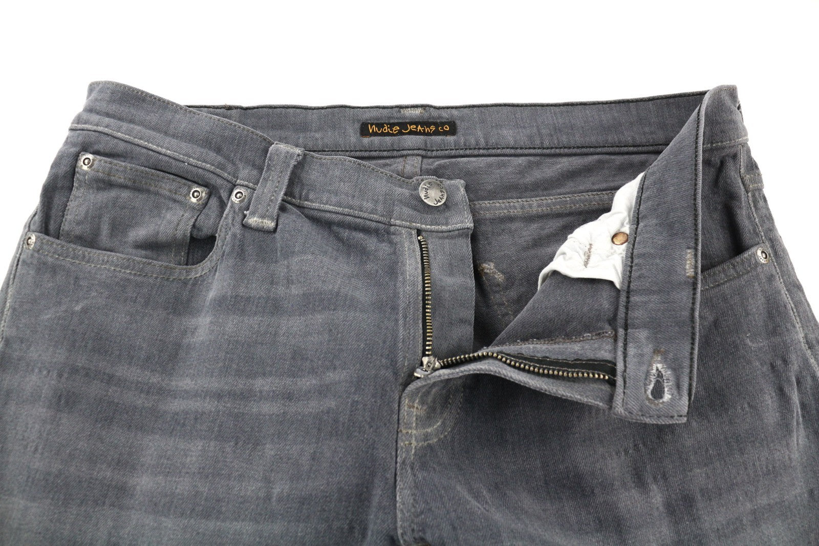 NUDIE JEANS vyriški aptempti ilgi John džinsai W32/L34 tamsiai pilki, ploni, ekologiški džinsai 