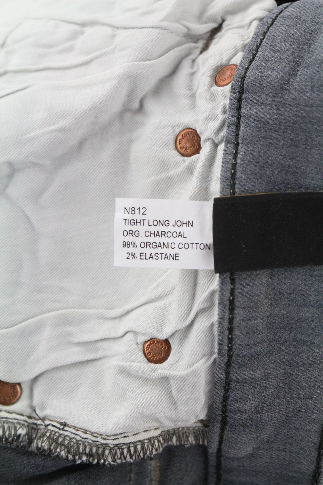 NUDIE JEANS vyriški aptempti ilgi John džinsai W31/L34 anglies spalvos, ekologiško užtrauktuko, plono kirpimo 