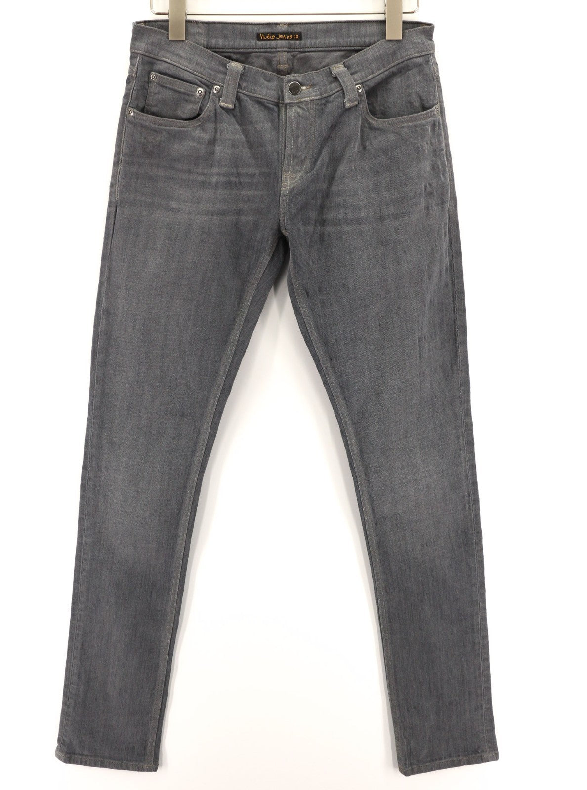 NUDIE JEANS vyriški aptempti ilgi John džinsai W31/L34 ploni tamsiai pilki, organinio audinio spalvos užtrauktukai 