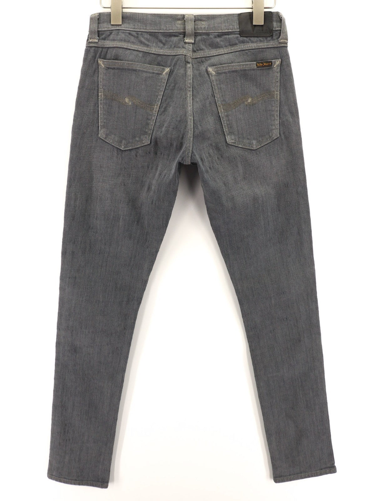 NUDIE JEANS vyriški aptempti ilgi John džinsai W31/L34 ploni tamsiai pilki, organinio audinio spalvos užtrauktukai 