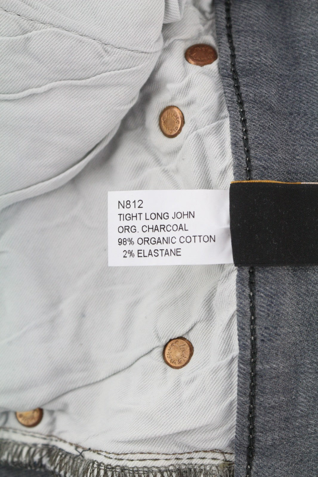 NUDIE JEANS vyriški aptempti ilgi John džinsai W31/L34 ploni tamsiai pilki, organinio audinio spalvos užtrauktukai 