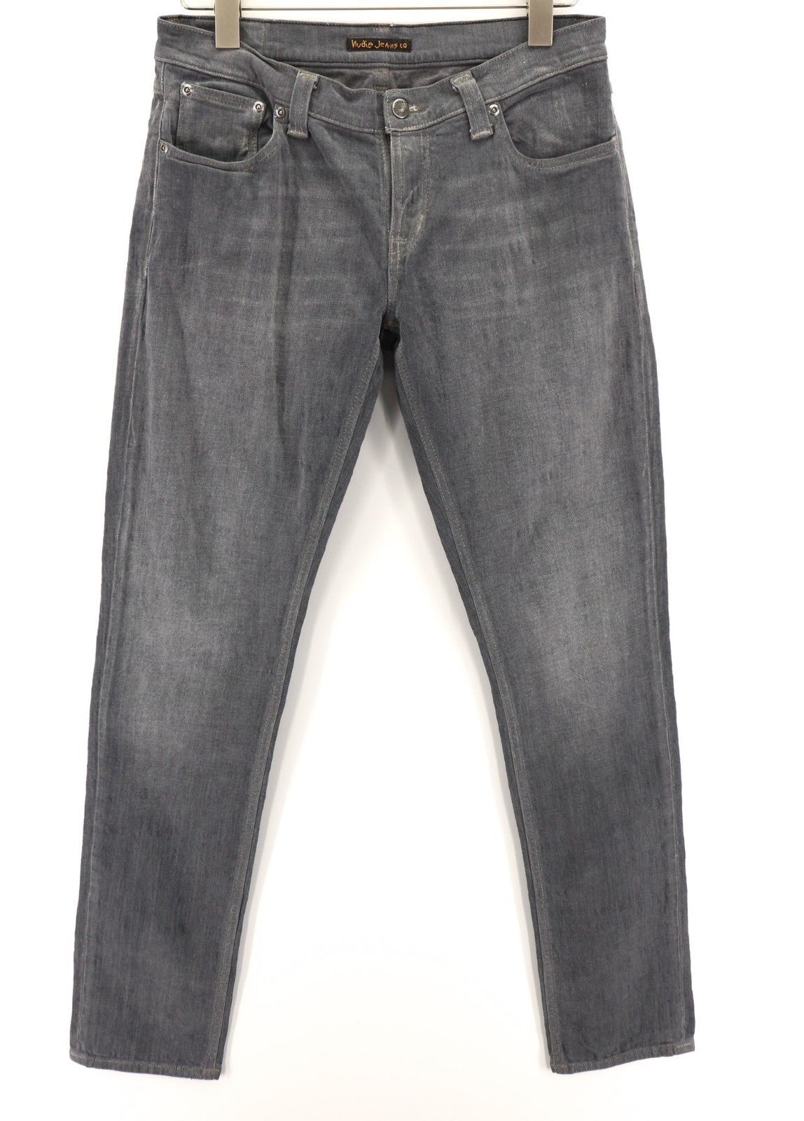 NUDIE JEANS vyriški aptempti ilgi John džinsai W31/L34 tamsiai pilki, ploni klešnių kirpimo džinsai su užtrauktuku 