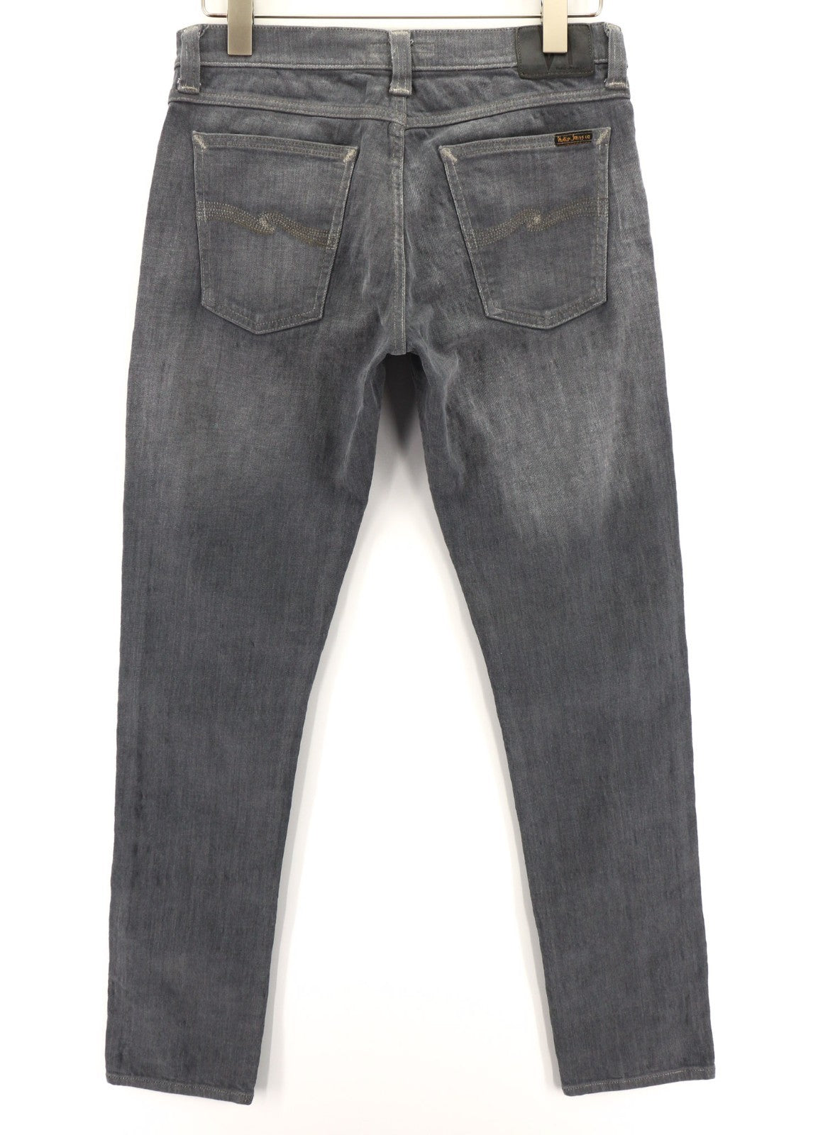 NUDIE JEANS vyriški aptempti ilgi John džinsai W31/L34 tamsiai pilki, ploni klešnių kirpimo džinsai su užtrauktuku 