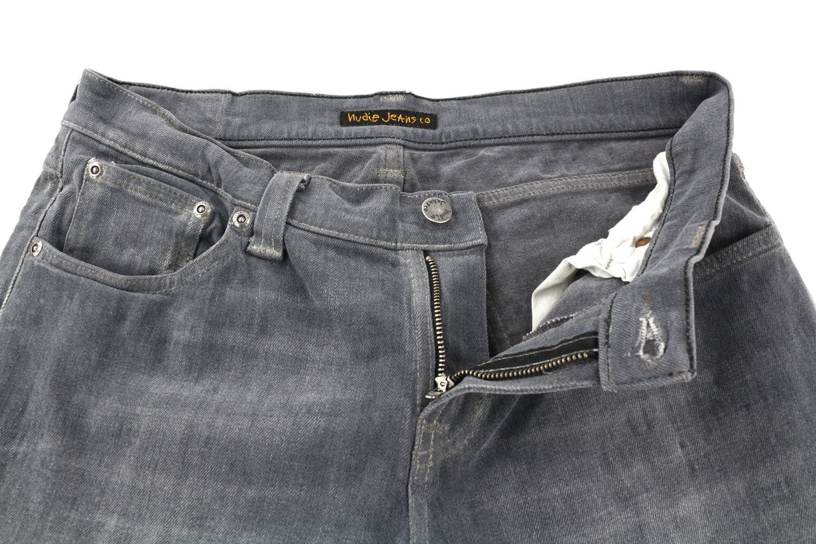 NUDIE JEANS vyriški aptempti ilgi John džinsai W31/L34 tamsiai pilki, ploni klešnių kirpimo džinsai su užtrauktuku 