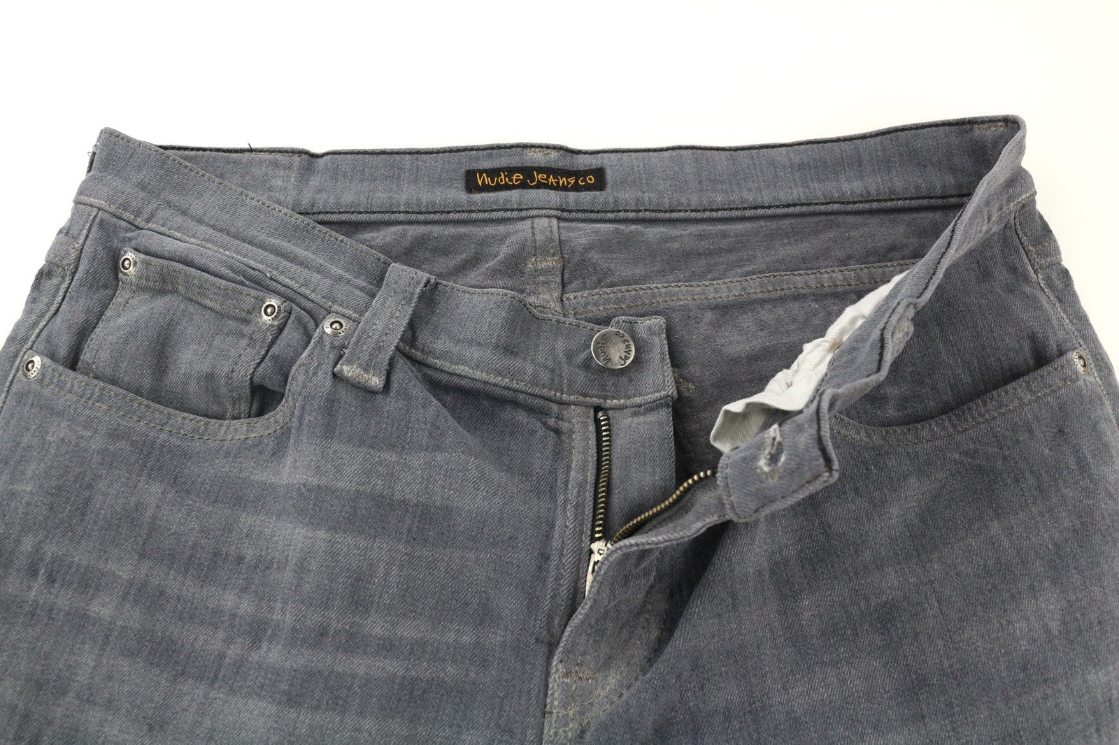 NUDIE JEANS vyriški aptempti ilgi John džinsai W32/L34 ploni skalbto pilko organinio džinso 