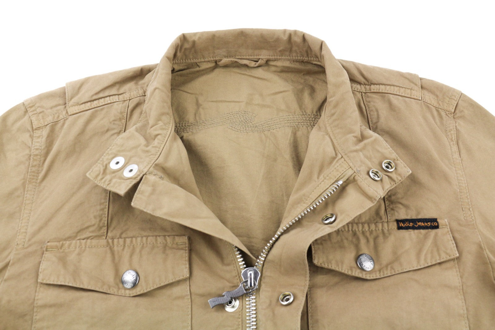 NUDIE JEANS Mick vyriška striukė S ruda su užtrauktuku, kišenėmis ant rankogalių be pamušalo 