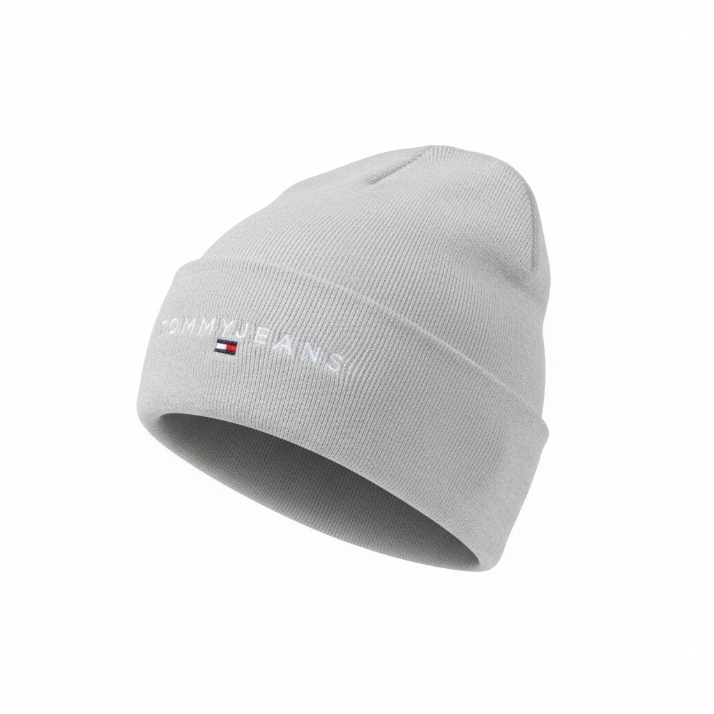 TOMMY HILFIGER Linear Logo Beanie Men Hat OS Grey Melange Tight-Knit Stretch 