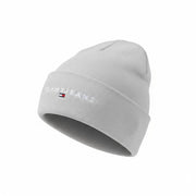TOMMY HILFIGER Linear Logo Beanie Men Hat OS Grey Melange Tight-Knit Stretch 