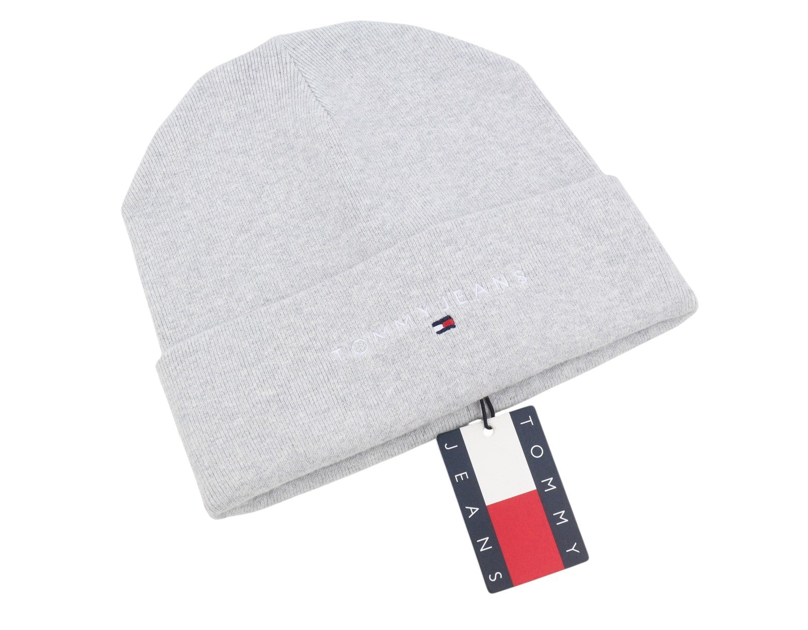 TOMMY HILFIGER Linear Logo Beanie Men Hat OS Grey Melange Tight-Knit Stretch 
