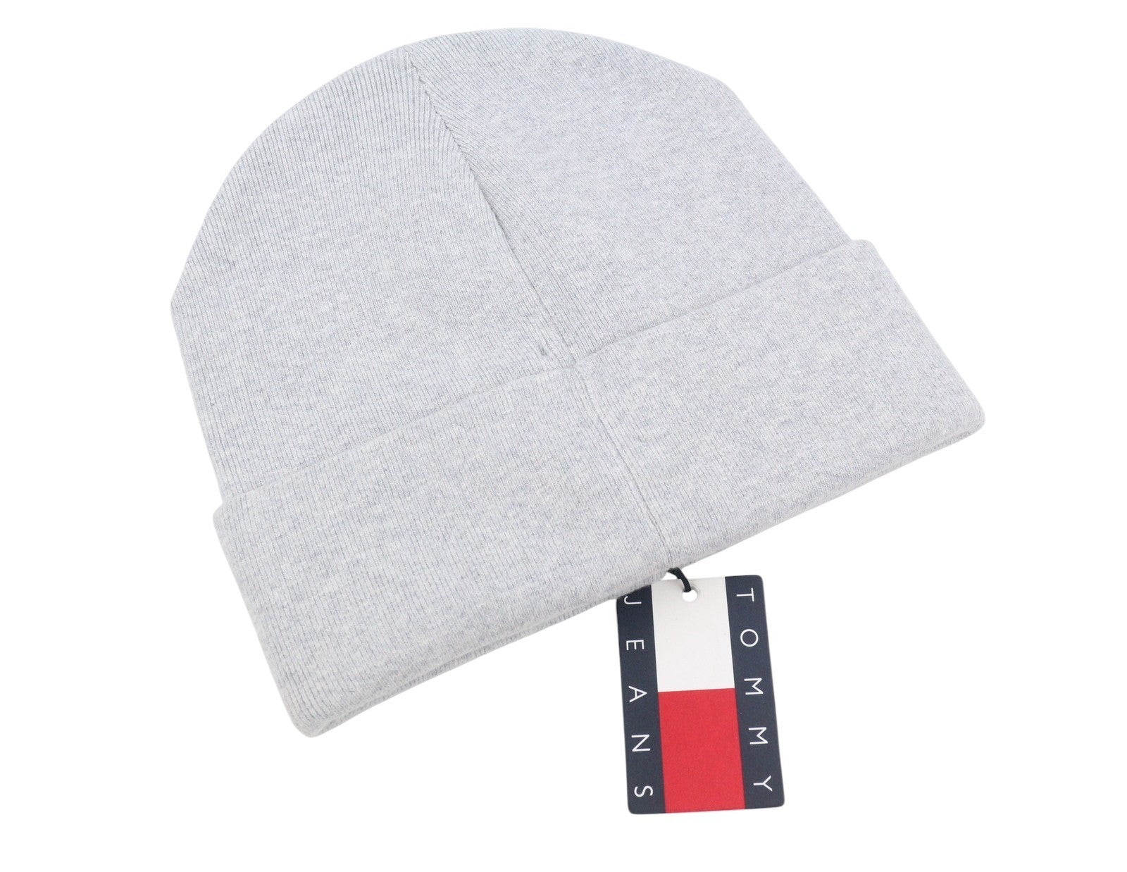 TOMMY HILFIGER Linear Logo Beanie Men Hat OS Grey Melange Tight-Knit Stretch 