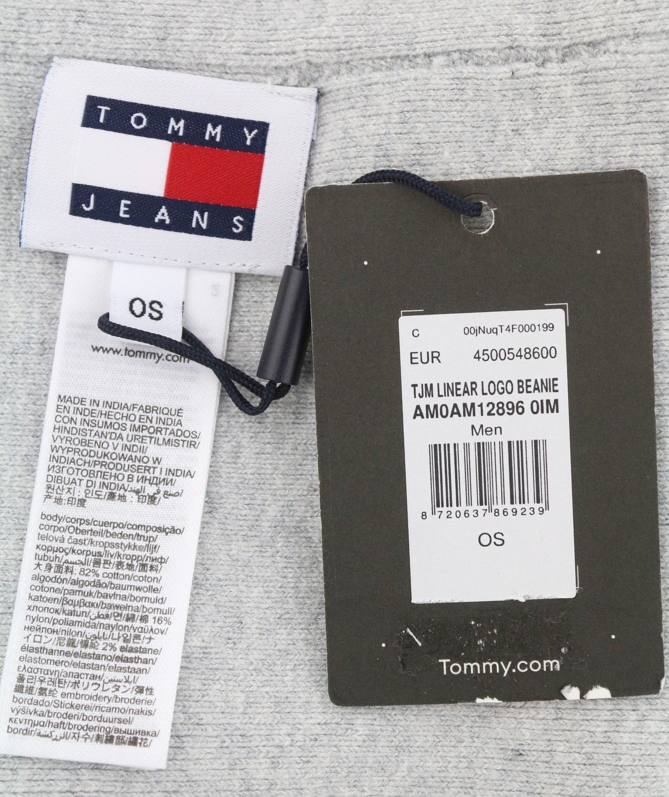 TOMMY HILFIGER Linear Logo Beanie Men Hat OS Grey Melange Tight-Knit Stretch 
