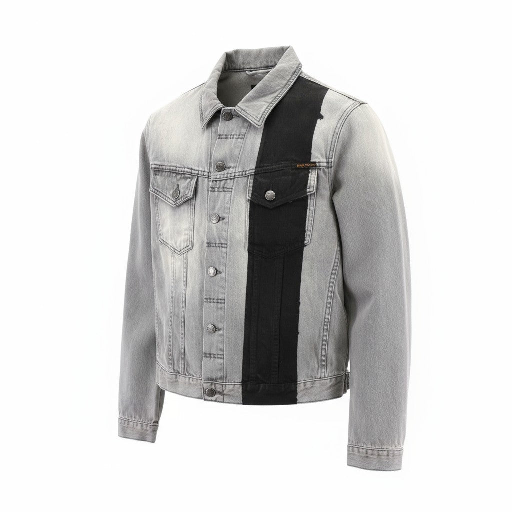 NUDIE JEANS Perry Men's Jacket L Black Organic Striped Denim Button Logo