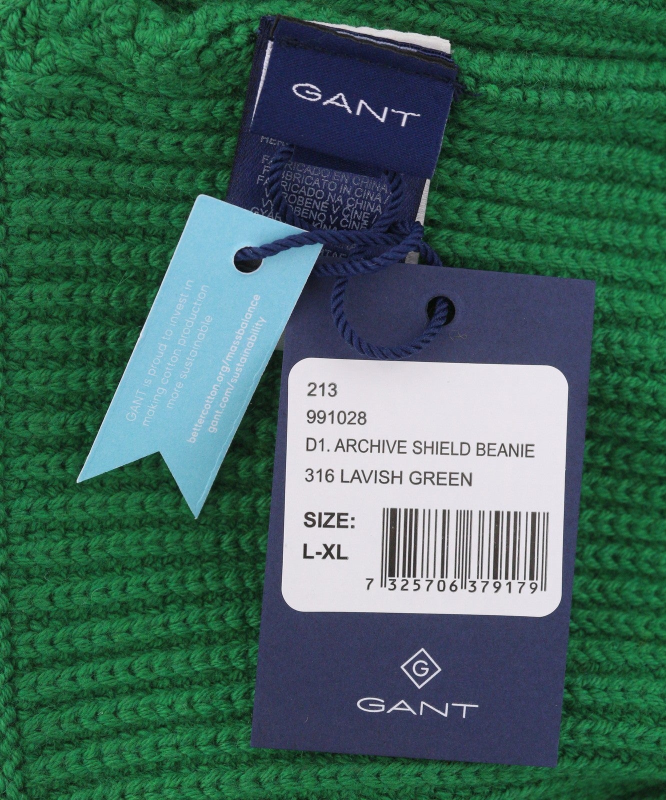 GANT Archive Shield Beanie Men Hat L/XL Lavish Green Wool Blend Tight-Knit Logo