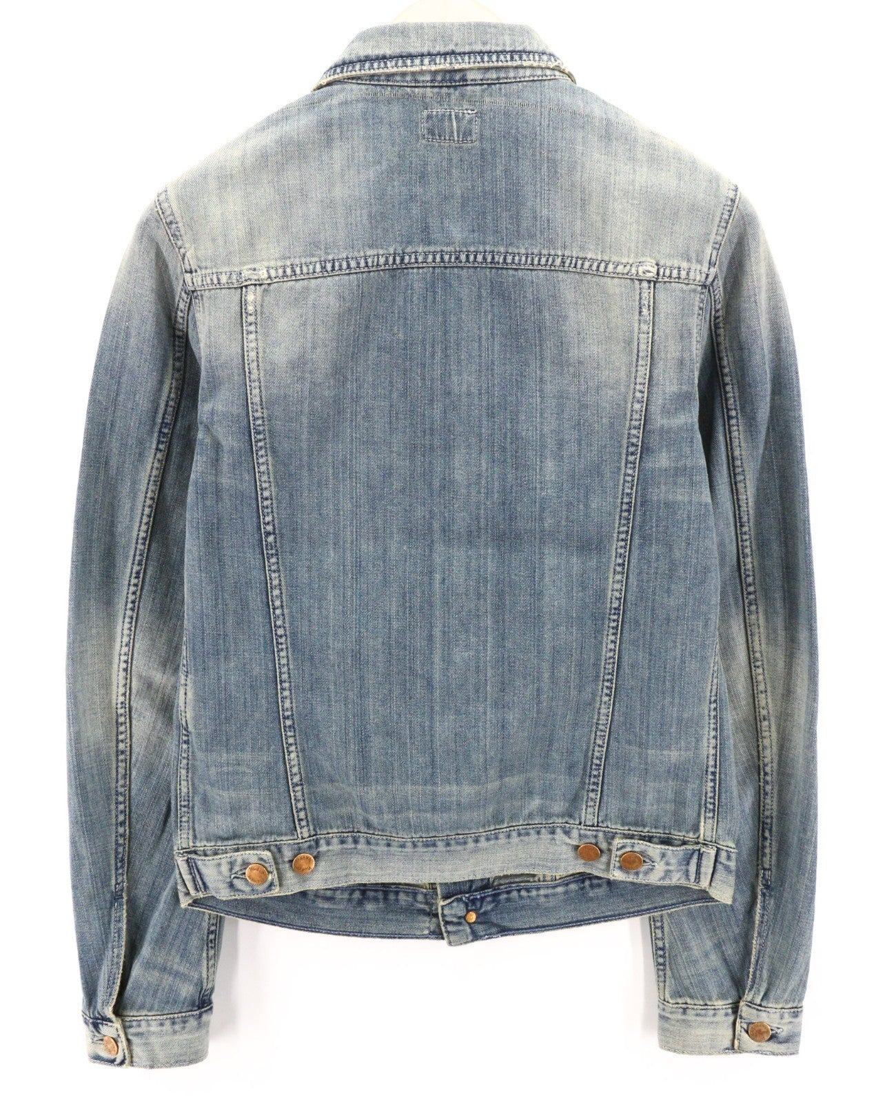 NUDIE JEANS Billy vyriška striukė S šviesaus džinso spalvos su sagomis ir išskleidžiama kaklo dalimi, logotipu 