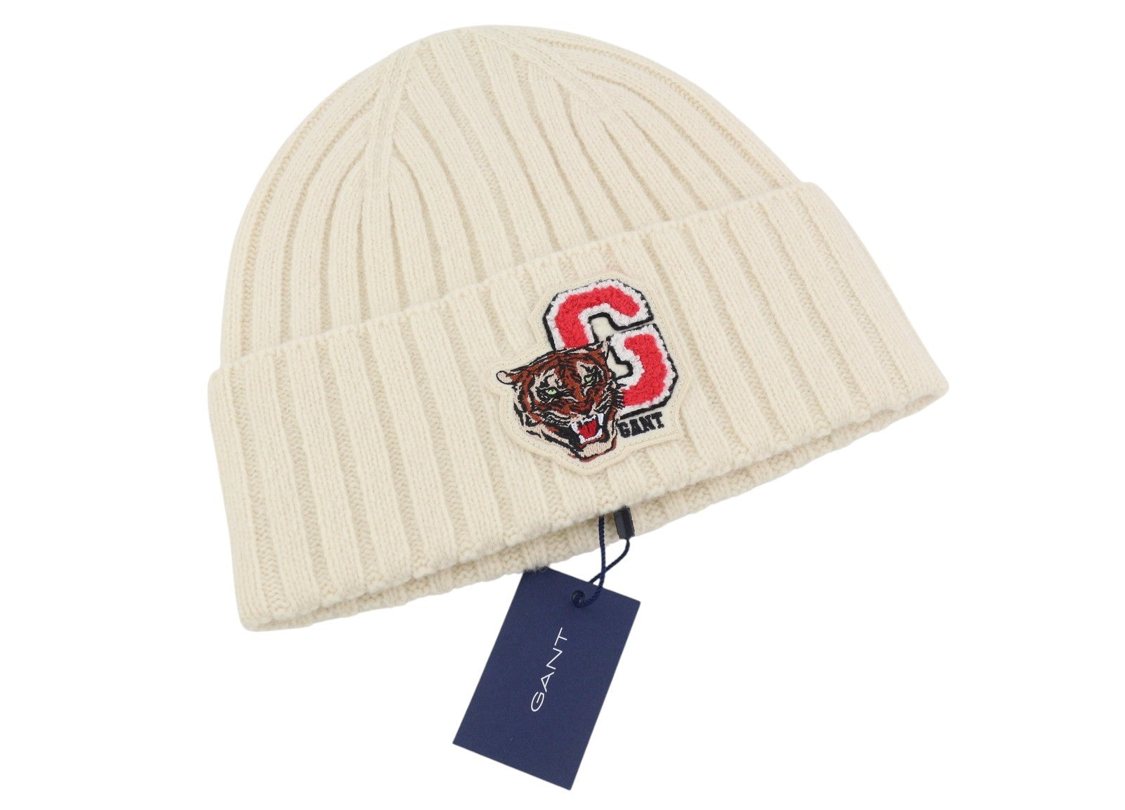 GANT Tiger megzta vyriška kepurė OS kreminės spalvos vilnonė, tvirtai megzta, su pataisų logotipu, tampri 