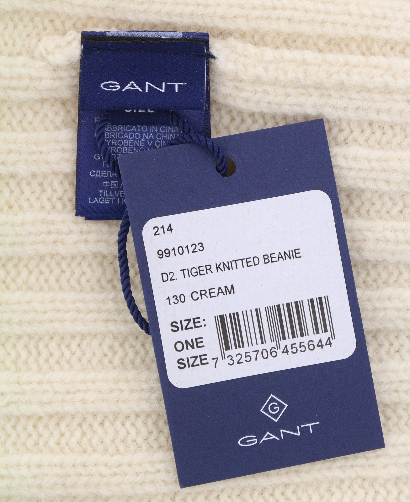 GANT Tiger Knitted Beanie Men Hat OS Cream Wool Tight-Knit Patch Logo Stretch
