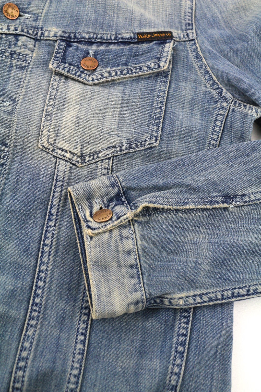 NUDIE JEANS Billy Men's Jacket M Light Blue Denim Button Spread Logo