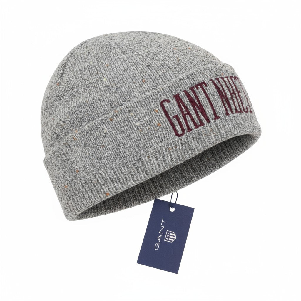 GANT Donegal Beanie vyriška kepurė OS šviesiai pilka melanžo vilnos mišinio tvirto megzto logotipo 