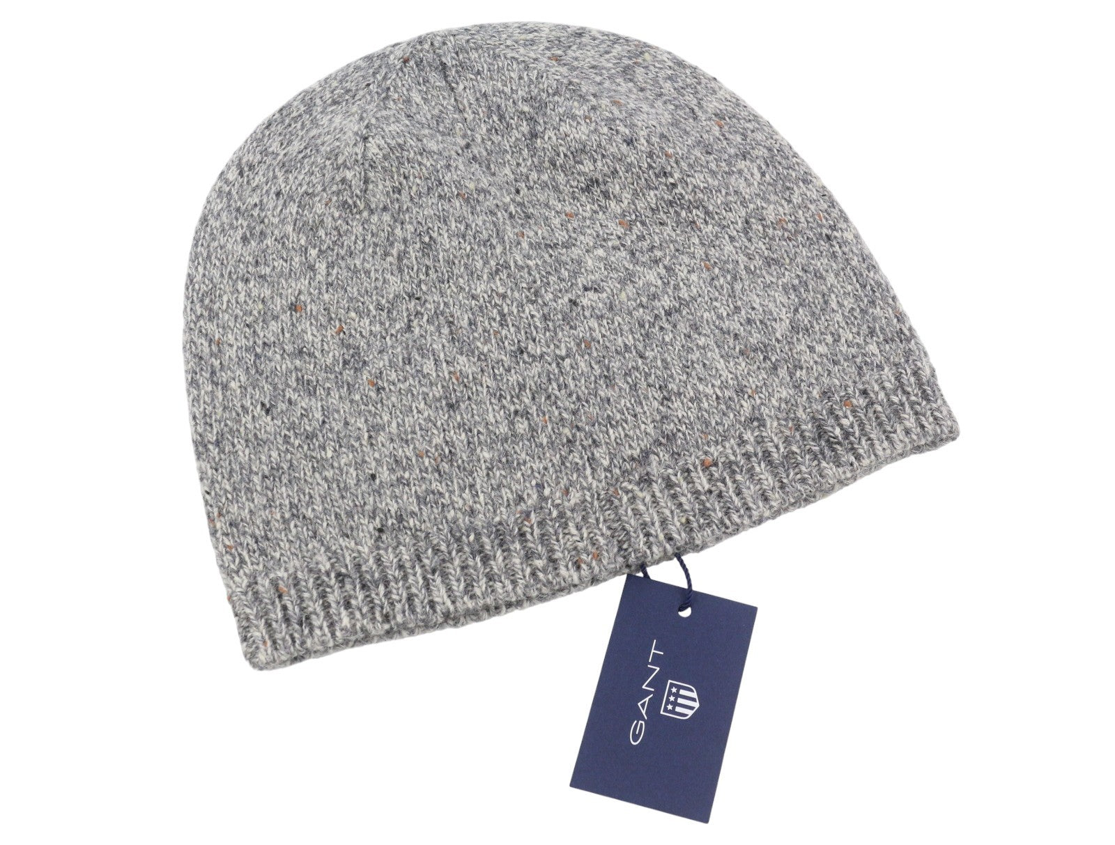 GANT Donegal Beanie Men Hat OS Light Grey Melange Wool Blend Tight-Knit Logo