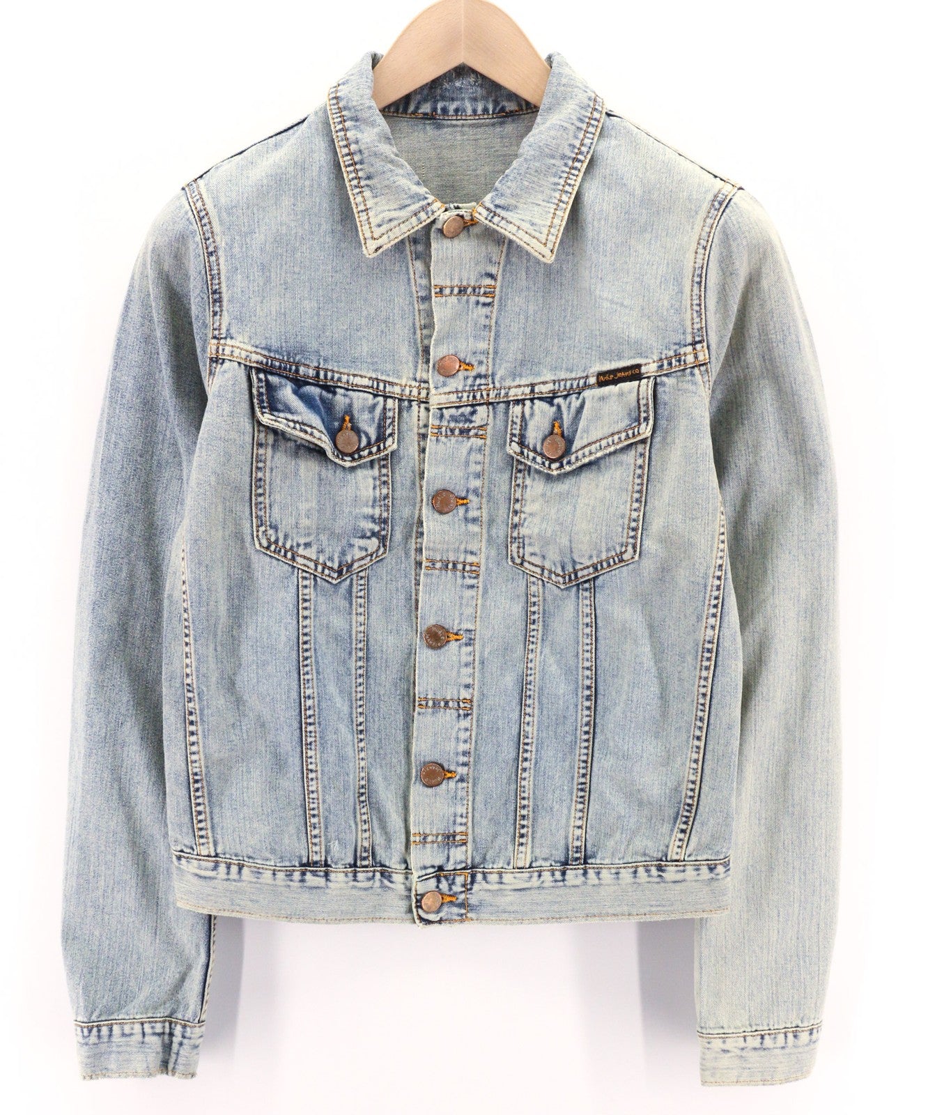 NUDIE JEANS Terry Men's Jacket S Bleach Blue Denim Spread Button Logo
