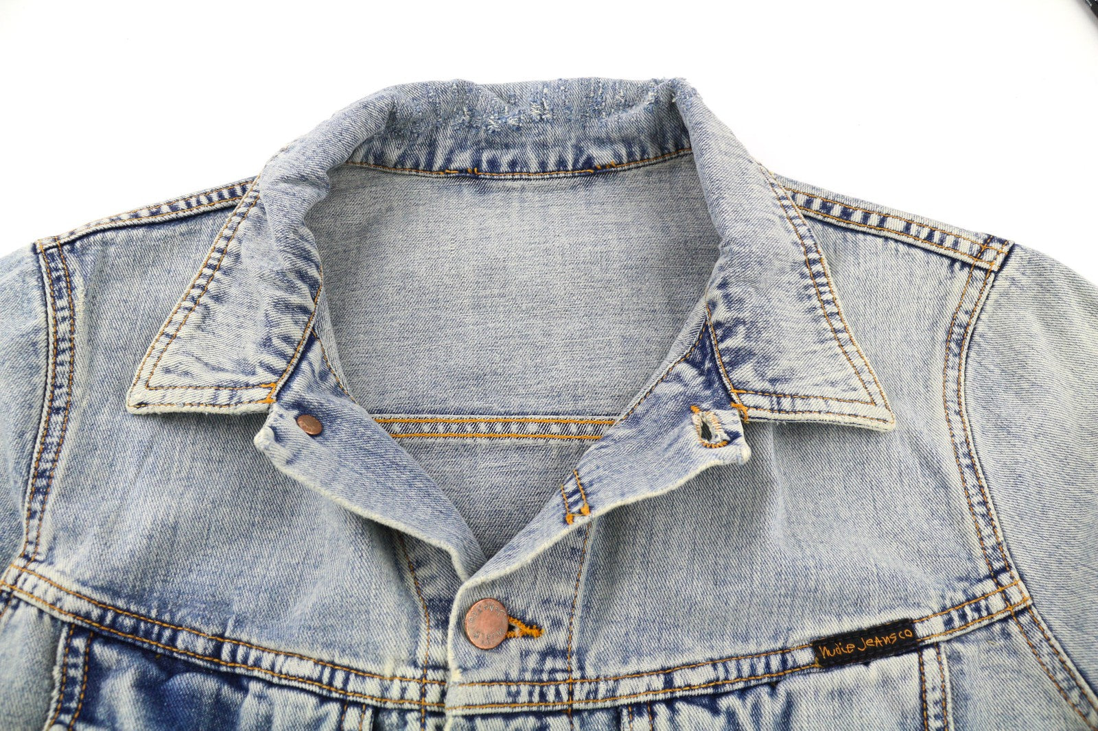 NUDIE JEANS Terry Men's Jacket S Bleach Blue Denim Spread Button Logo